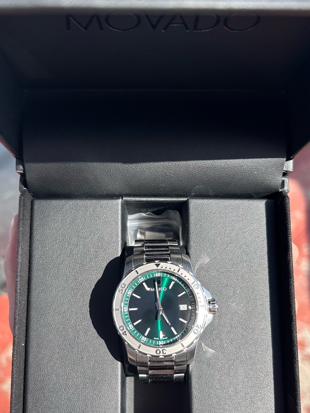 Movado Men's Silver Stainless Steel Watch with Green Dial Accent